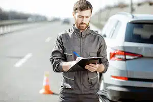 man preparing car accident documentation